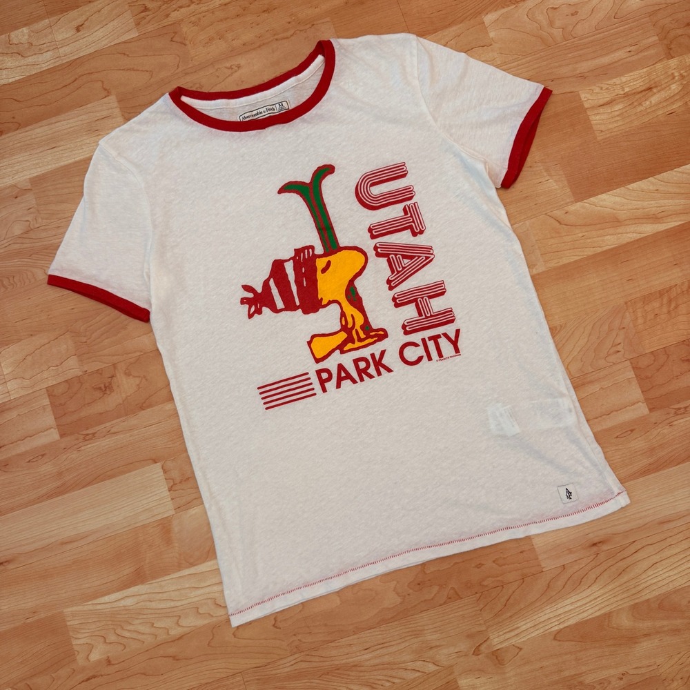 Abercrombie & Fitch Snoopy Utah Park City Ringer Graphic Tee White Red Medium